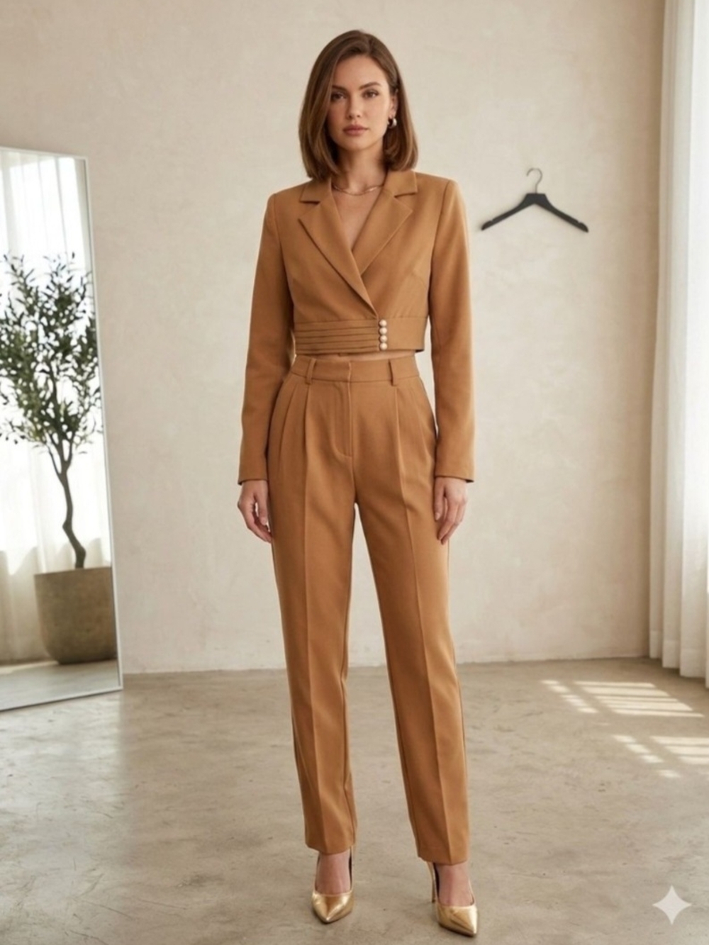 Song of Style Cropped Caramel Blazer with Pearl Buttons. Size S